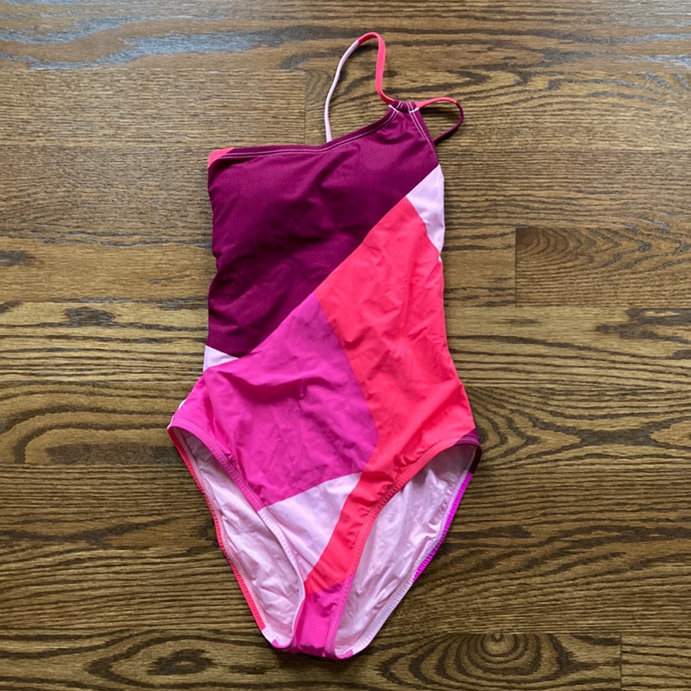 Multicolor pink, one shoulder, women’s swim suit, size 4.